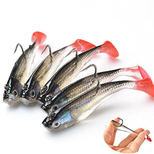 YTCYKJ Set mit 5 Angelködern, 3D-Augen, lebensechte Angelköder, Gummi-Fischköder-Set, Einzelhaken, Kunstköder, Outdoor-Angelwerkzeug, Angelgeschenk für Männer