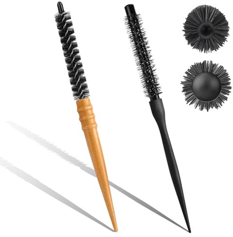 2 Pcs Mini Round Hair Brush - Nylon Bristles, Professional Styling for Short & Curly Hair, Blow Drying & Beard Care (Black & Wood Color)