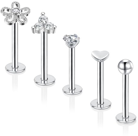 Gojewen 5stk Lippenpiercing Labret Stecker 10mm Chirurgenstahl Piercing Helix Lippe Monroe Medusa Studs 16G Silber Herz