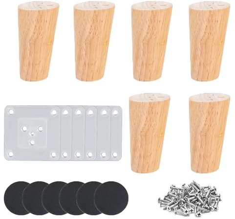 TOOSOAR 6 Piezas 10cm Patas de Madera para Muebles,con Placa de Montaje, Almohadillas Antideslizantes y Tornillos,para Muebles de Mesa, Sofa, Reemplazo