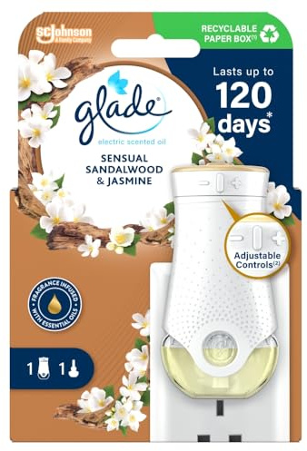 Glade Plug in Air Freshener Holder and Refill, Electric Scented Oil Room Air Freshener, Sandalwood & Jasmine, Starter Kit, (1 x Holder and 1 x 20 ml Refill)