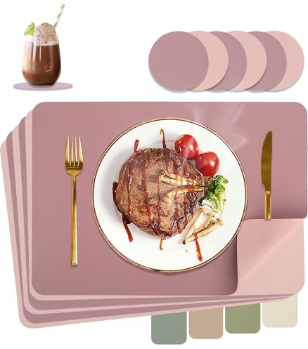 HELI MIAO Tischsets Abwaschbar,Platzsets Abwischbar,Tischset Leder,Hitzebeständig Doppelseitigen I 6er Set Platzdeckchen Lederoptik mit Untersetzer,Tischuntersetzer,Platzdecken Lila + Rosa