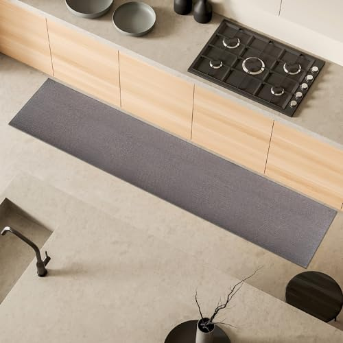 Comart, Tappeto Weaving da Cucina, Fondo Antiscivolo in Gomma, Assorbente, Poliestere Intrecciato, Elegante e Resistente, Passatoia in Tinta Unita, da Corridoio, Lavabile, Colore Grigio 50x240 cm