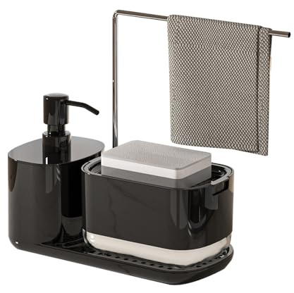Sonhomay Set dispenser di sapone per mani e piatti, con supporto per strofinacci, per piano di lavoro della cucina e bagno