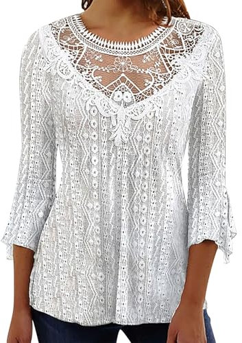 Cihdmfb Langarmshirt Damen Sommer Blumen Spitze Patchwork Tshirt Elegante Einfarbige 3/4 Ärmel Oberteile Große Größen Locker Tunika für Frauen Lässige Langarm Longshirt Bluse Top(A Weiß,XXL)