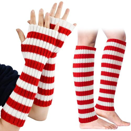 DTYGUIXE 1 Paia di Scaldamuscoli da Donna,Scaldamuscoli a Righe da 40CM,Scaldamuscoli Invernali Lavorati a Maglia con 1 Paia di Guanti Lunghi Senza Dita a Strisce per Calze Sportive Casual da Festa