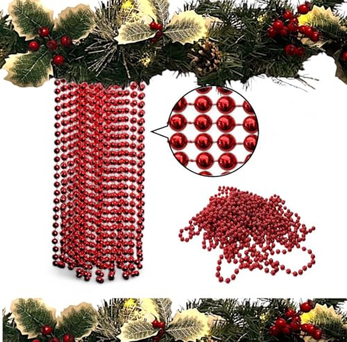 10m Weihnachten Perlengirlande, Luxus Weihnachtsbaum & Raumdekoration, 8mm Perlen, 10m Lange Christbaumschmuck Perlenkette (Rot)