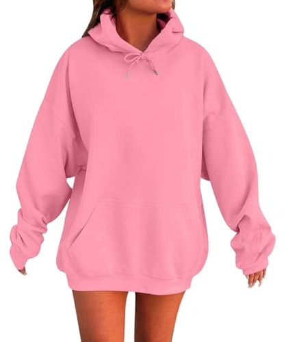 HUIFUAO Huvtröjor för kvinnor överdimensionerad tröja för kvinnor plus size huvtröjor pullover svart långärmad toppar med ficka, Rosa, XS