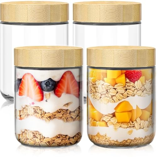 4 pack 16oz Overnight Oats Containers with Bamboo Lids, Glass Jars with Airtight Lids for Meal Prep, Wide Mouth Mason Salad Jars, Glass Food Storage Container for Yogurt Chia Snacks Spice Sugar