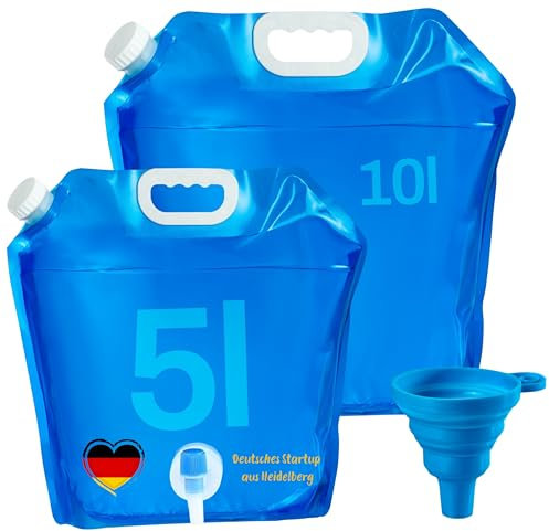 NPEX Wasserkanister faltbar 5 L + 10 L mit Ventil – Faltbarer Wasserkanister/Trinkwasserkanister faltbar für Camping – BPA-freier Wasserbehälter faltbar – Wasseraufbewahrung für Outdoor & Vorrat