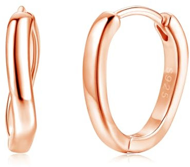 Loutade Ohrringe Creolen Rose Gold, 925 Sterling Silber Oval Twisted Ohrringe Kreolen, Hypoallergen 15mm Rose Gold Schlafen Knorpel Kreolen, Leicht Silber Kreis Endless Creolen für Frauen Mädchen