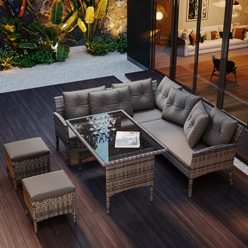 Lcoho Poly Rattan Sitzgruppe Esstisch Lounge Gartenmöbel Sitzgarnitur Garten-Garnitur Set, Gartenlounge für 7 Personen, mit Sofa, Tisch, Hocker & Kissen,Abnehmbarer und waschbarer Stoffbezug (Grau)