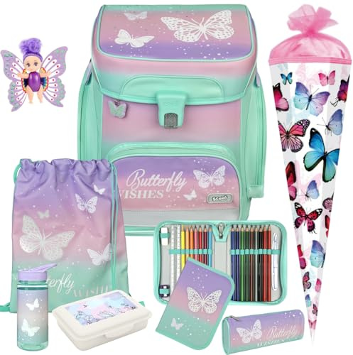 Pridera Scooli Schulranzen 1.Klasse Mädchen Butterfly Wishes Schmetterling EasyFit Schulranzen-Set (9tlg. Set mit Brotdose Trinkflasche passend dazu Schultüte S, Fairy-Püppchen gratis)