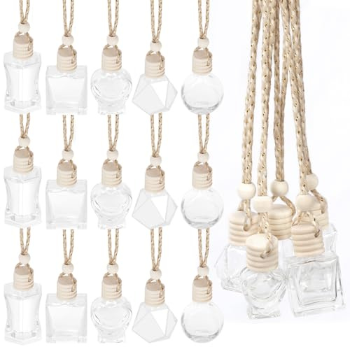 Rustark 20Pcs 5 Sizes Hanging Car Air Freshener Diffuser Perfume Pendant Vials with Hanging String Essential Oil Diffuser Glass Perfume Bottles Air Freshener Diffusers for Car Ornament Decor Women