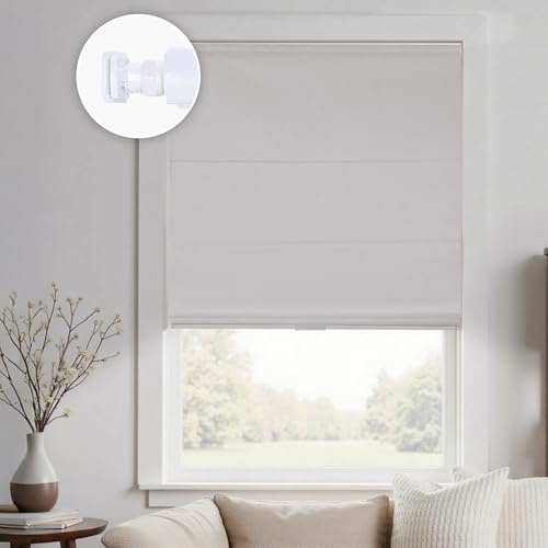 HOMEDEMO No Drill No Tools Cordless Roman Shades for Window,Room Darkening Easy Install Linen Fabric Blackout Roll Up Roman Blinds Window Blinds Inside Mount 35 W x 64 H Grayish White