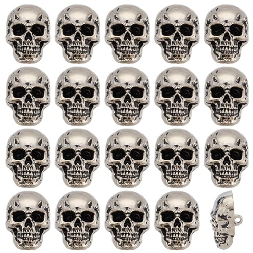 PH PandaHall 20 Stück Halloween Totenkopf Knopf Skelettkopf Knopf mit Stiel Punk-Stil Knöpfe mit Verzierungen Metall Totenköpfe Aufnähen Dekorative für Halloween Kleidung Bastelzubehör, antikes Silber