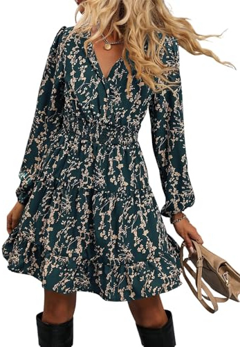 SweatyRocks Blusenkleid Damen Midi Langarm Herbstkleid Hemdblusenkleid Knielang Kleid A Linie Freizeitkleid Elegante Kleider Blumenkleid Taubenblau M
