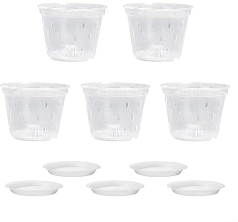 GLFLOW Lot de 5 pots à orchidées avec trous de drainage 17 cm en plastique transparent avec soucoupes pour plantes d'intérieur, observation des racines, décoration d'intérieur (B)