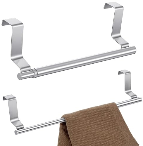 2 Pcs Retractable 430 Stainless Steel Dish Towel Holder, Sturdy Removeable Towel Bar for Hanging Tea Dish Towels, 9in Stainless Steel Towels Racks for Hang on Kitchen Cabinet, Door