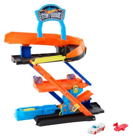 Hot Wheels City Spielzeugauto-Trackset, Mega-Stunt-Garage Spielset und Die-Cast-Fahrzeug im Maßstab 1:64, Aufbewahrung für mehr als 10 Autos und Stunt-Rennstrecke, JHL94