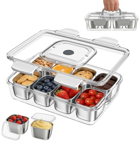 Stainless Steel Snackle Box, Leakproof Portable Snack Box with 8 Compartments and LIndividually Lid, Dishwasher-Safe Divided Serving Tray for Snacks, Sweets, Fruit, Picnics, Parties, Daily Use