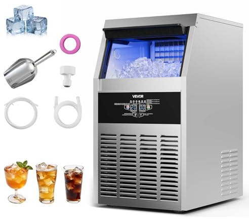 VEVOR Commercial Ice Maker Machine, 130 lbs/24h with 30 lbs Storage Capacity, Built-in/Freestanding/Under Counter, Stainless Steel Ice Maker with LED Display & Self-Cleaning, for Home Bar Restaurant