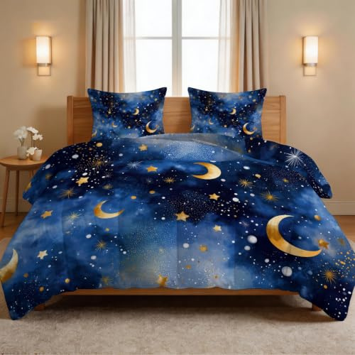 Generiskt täcke 200 x 220 cm 4 årstider – Drömlik stjärnhimmel sommar täcke, tvättbar barnfilt utan överdrag – stjärnor månprickar – barnsängkläder med 2 örngott