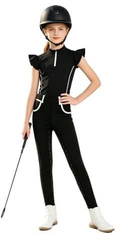 TTAO Ridkläder, flicka, ridskjorta med ridbyxor, set, ridleggings, sport, t-shirt, svart, 170