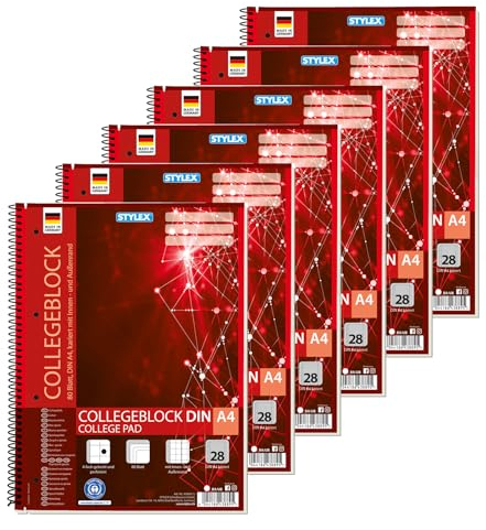 Stylex 43889-P6 - Collegeblock kariert, 6 Stück in DIN A4, je 80 Blatt mit 60 g/m² mit Spiralbindung