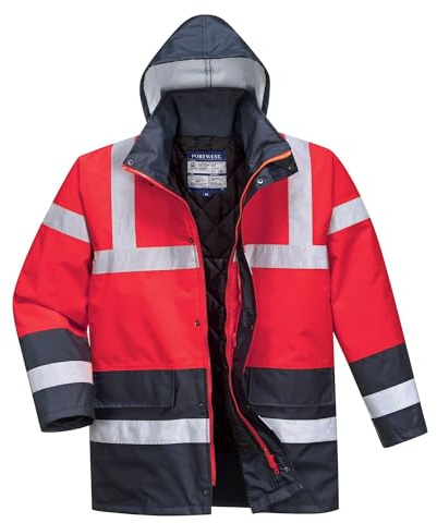 Portwest S466 Hi-Vis Contrast Jacka 300D Vattentät Reflekterande Hållbar | Röd/Marinblå, XL, EN ISO 20471 Klass 3, EN 342, Normal Passform, Lång Ärm, 1 Ficka, 100% Polyester, Dragsko Huva, Slitstark