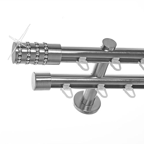BASIT Gardinenstange Innenlauf Edelstahllook 20mm 2-läufig Wand 120cm H40 | Gardinenstangenset doppelläufig Wandmontage Metall Vorhangstange Wandhalterung 120-600cm wählbar Kappe mit Kristall E39