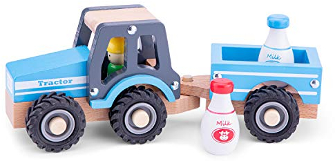 New Classic Toys Leksaksfordon – Traktor med släpvagn och mjölkkannor, blå