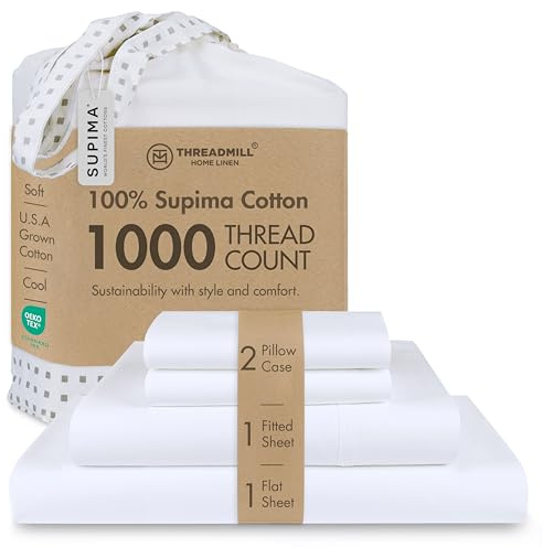 Threadmill 100% American Supima Cotton Sheets King Size - 1000 Thread Count, 4Pc King Size Sheet Set, Smooth Sateen Sheet, Ultra Luxury Bed Sheet, 17 Deep Pocket King Sheet Set - White Sheets