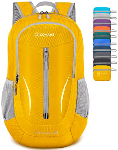ZOMAKE Ultraleicht Faltbarer Rucksack Packbare Backpacks 25L,Kleiner Faltbar Wanderrucksack Wasserdicht für Damen Herren Outdoor Wandern(Gelb)