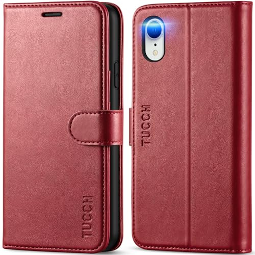 TUCCH Hülle für iPhone XR (6,1), Handyhülle, Rot | TPU, RFID-Sperrung Schützt, Kartenfächer, Stand, Magnet, Stoßfeste Schutzhülle, Klapphülle Kompatibel für iPhone XR