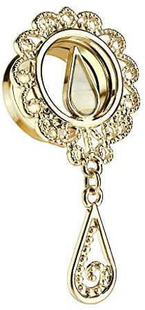 beyoutifulthings Ohr-Plug Perlmutt Tropfen ANHÄNGER Ohr-Piercing Ohr-Schmuck Chirurgenstahl Screw Fit Tunnel Schraub-Verschluss Gold 6-16mm