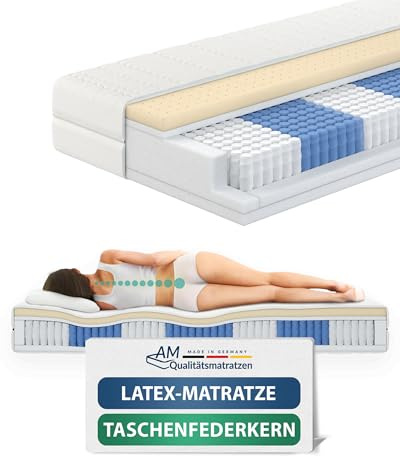 AM Qualitätsmatratzen Premium Latex-Taschenfederkernmatratze 200x200cm H3 24cm - Made in Germany & Oeko TEX Siegel - 7 Zonen Latex-Federkernmatratze 200x200 mit 1000 Federn & Lyocell Bezug