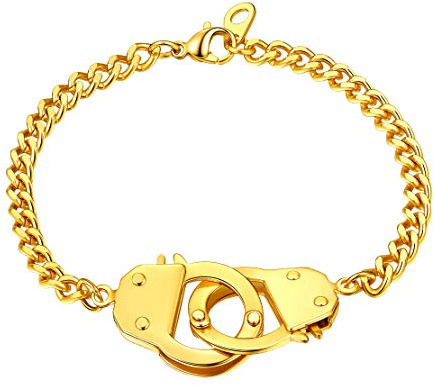 FindChic Friendship Bracelet Gold, Stainless Steel, 4mm, 7.5’’ (19cm), Partner in Crime Bracelet Handcuffs, Diamond Cut Curb Cuban Chain