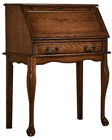 Secretary Desk Solid Oak Wood Drop Front Desk With Drawer Sturdy Curved Cabriole Legs 32Wx17Dx42H Laptop Desk Burnished Walnut Finish for Small Office, Kitchen, Family Room, Bedroom