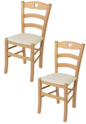 Tommychairs - 2er Set Stühle CUORE für Küche und Esszimmer, Robuste Struktur aus lackiertem Buchenholz im Farbton Naturfarben und gepolsterte Sitzfläche mit Stoff in der Farbe Elfenbein bezogen