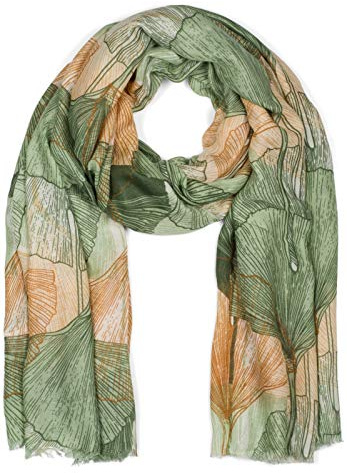styleBREAKER Chal para mujer con estampado de hojas de ginkgo de colores y flecos cortos, bufanda ligera, estola 01016208, color:Verde-marrón