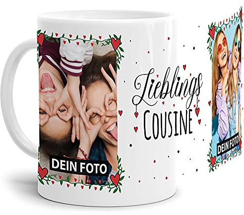 Tasse - Lieblings-Cousine - zum selbst Gestalten mit zwei Fotos - Fototasse für die Cousine - Keramik, Weiß, 300 ml