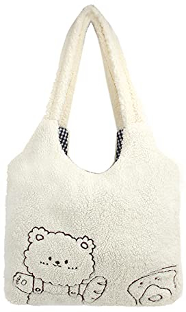 MEGAUK Damen Plüsch Umhängetasche Große Kapazität Cartoon Bär Stickerei Shopper Schultertasche Tote Bag für Uni Arbeit Mädchen Schule