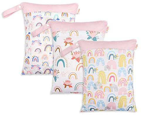 Treer 3 Stück Windeltasche für Unterweg, Stoffwindeln Nasstaschen Baby Wetbag Wiederverwendbar Wasserdicht Waschbar Kleinkind Windeln Organizer Beutel mit Reißverschluss (rosa Regenbogen,30x40cm)