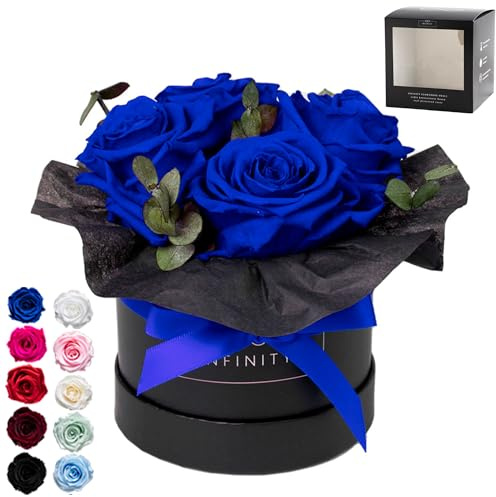 Infinity Flowerbox - Eucalyptus Bouquet Blau - Konservierte Rose in Geschenkbox, blüht 3 Jahre ohne Wasser, Small