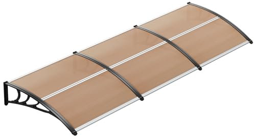 LIFERUN Auvent de Porte d'entrée 270x98.5 cm Toit Marquise en Polycarbonate Porte Résistante Toit Abri Protection Contre La Pluie et UV Transparent,Support de Fixation en Aluminium,Marron