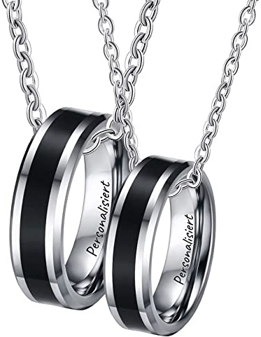 KnSam 2Pcs Partner Ketten Wolfram, Silber Schwarz Halskette Pärchen mit Ring Anhänger 6MM Emaille für Damen Herren, Frau 50cm Mann 60cm, Größe Damen 54 Herren 62