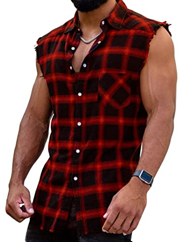 Chemise pour homme à carreaux sans manches - Manches courtes - Coupe droite - Flanelle - Pour les hommes - Coton - Pour l'été - T-shirt - Débardeur - Chemise décontractée, XL
