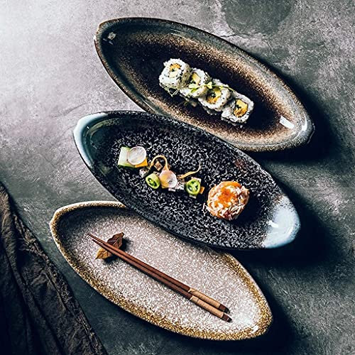 Geschirr-Set, kreatives Keramik-Set im japanischen Stil, Retro-Sushi-Teller, ovaler großer Fischteller, Flacher Haushalts-Suppenteller, 14-Zoll-Teller