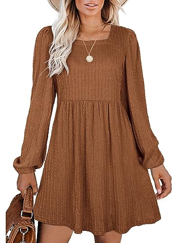 Aokosor Klänning för kvinnor, stickade långärmade klänningar, fyrkantig hals, babydoll-klänningar, Kola, M